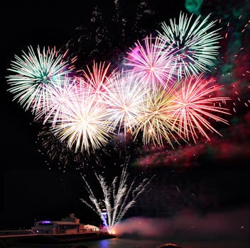 Spectacular fireworks display lighting up the night sky over Bournemouth Pier, England.